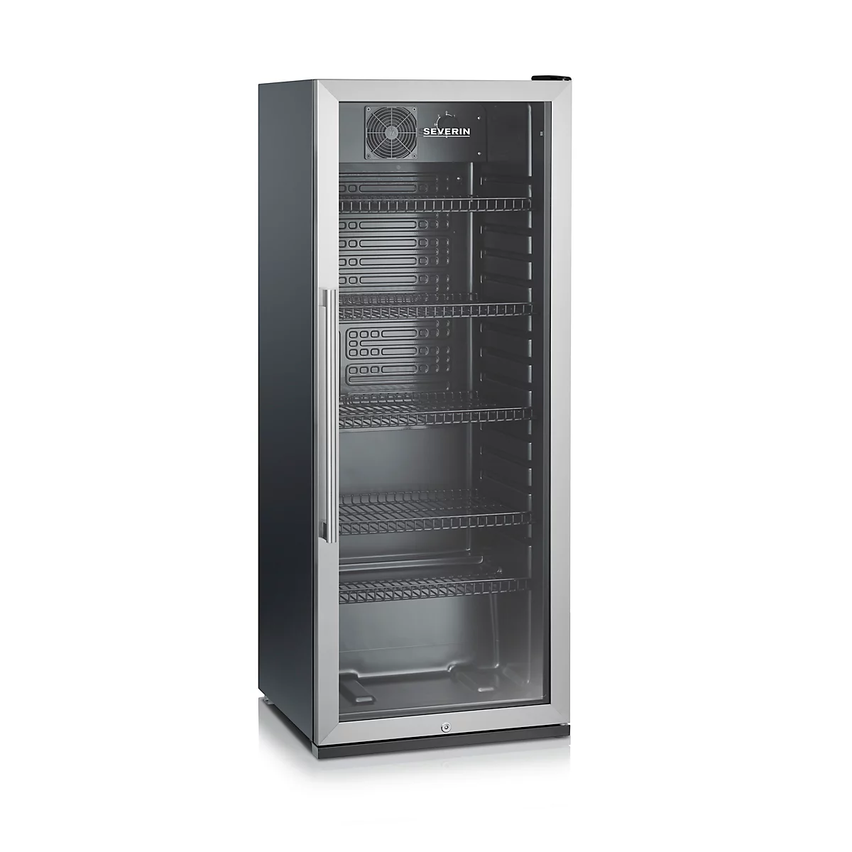 Kühlschrank mit Glastür, grauer Rahmen, mehrere Gitterebenen, Marke Severin.