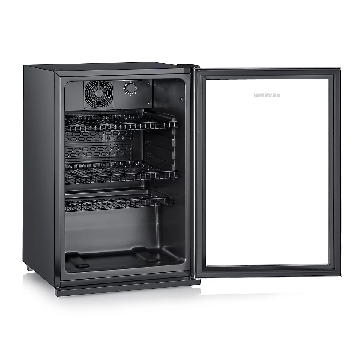 Schwarzer Kühlschrank mit geöffneter Glastür. Innenregale und Lüfter sichtbar. Auf der Tür steht „HENDI“.