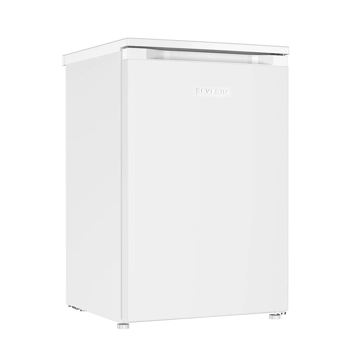 Weißer Minikühlschrank, isoliert vor weißem Hintergrund. Auf der Tür steht „SEVERIN“.