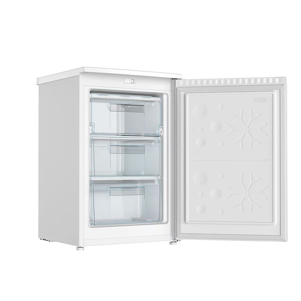 Weißer Gefrierschrank, Tür geöffnet. Innenraum mit drei Schubladen. Tür mit Schneeflocken-Design.