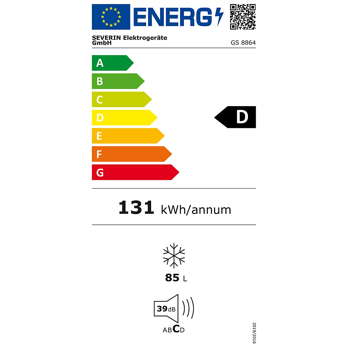 Energy label with information on consumption, energy efficiency class D, 85 L, 39 dB, GS 8864.