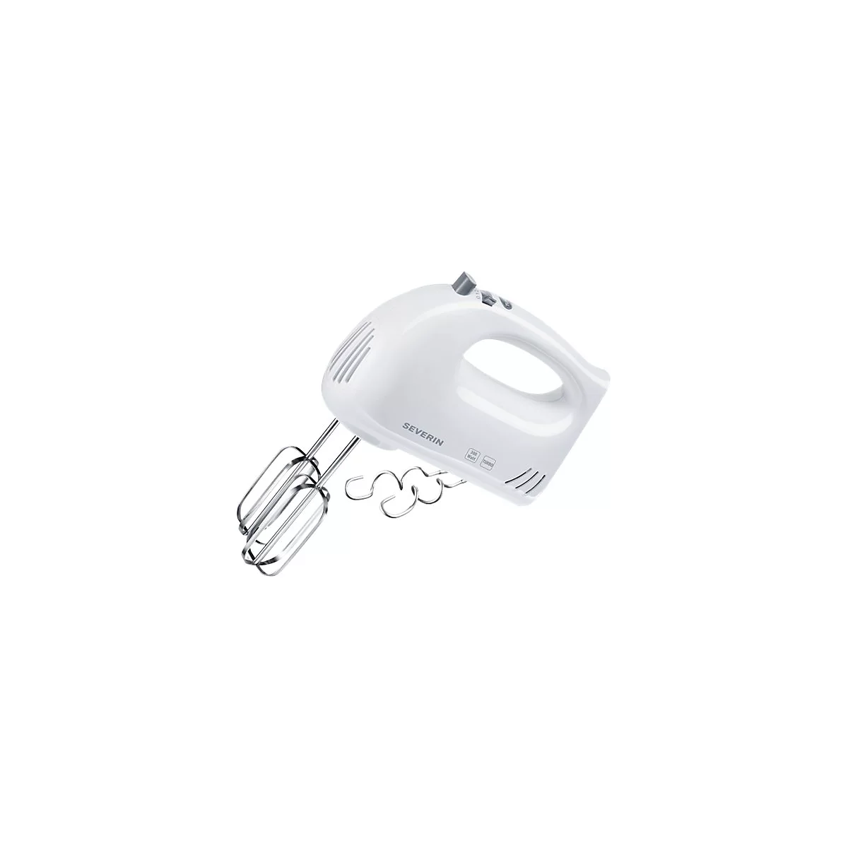 Weißer Severin Handmixer mit Rührbesen und Knethaken vor weißem Hintergrund.