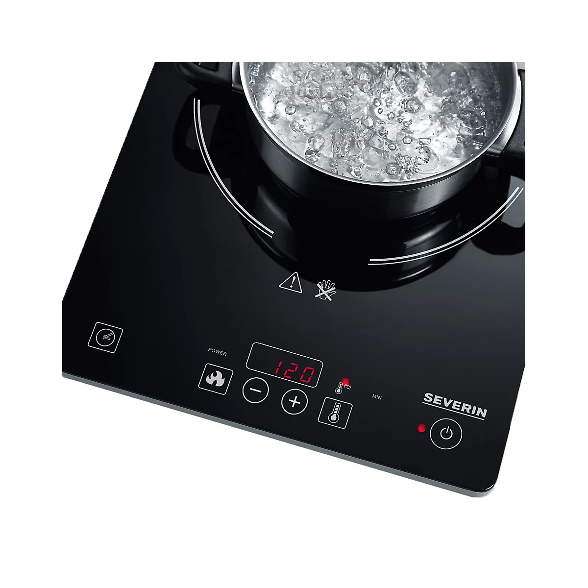 Induction hob with pot, water boiling, temperature display 120 degrees.
