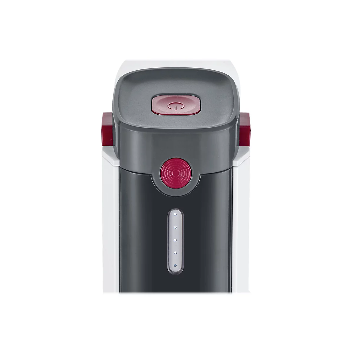 Nahaufnahme der Bedienelemente eines Küchengeräts mit rotem Ein-Aus-Knopf und LED-Ladestandsanzeige.