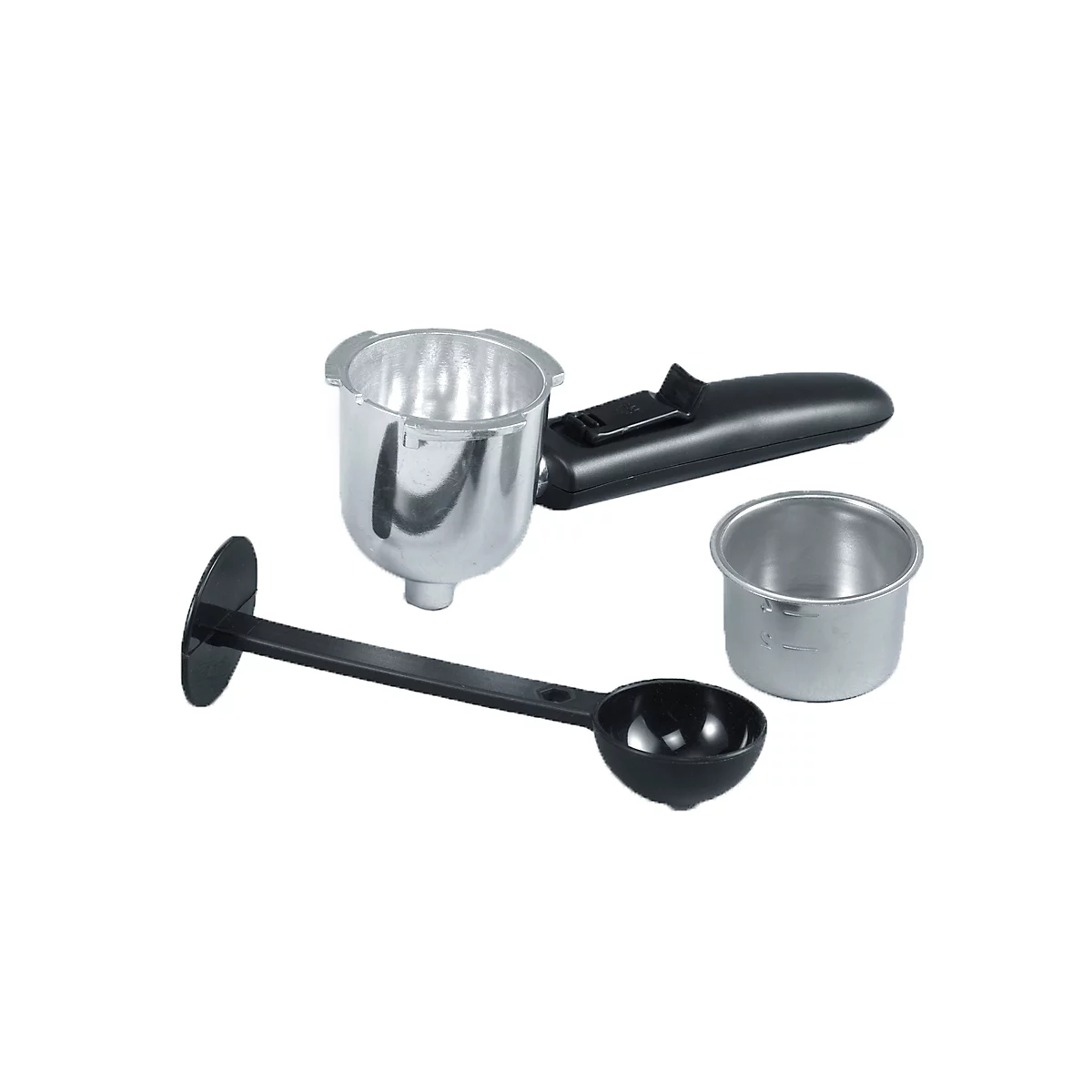 Koffiemachine-accessoires: portafilter, koffielepel en een kleine container, vrijstaand.