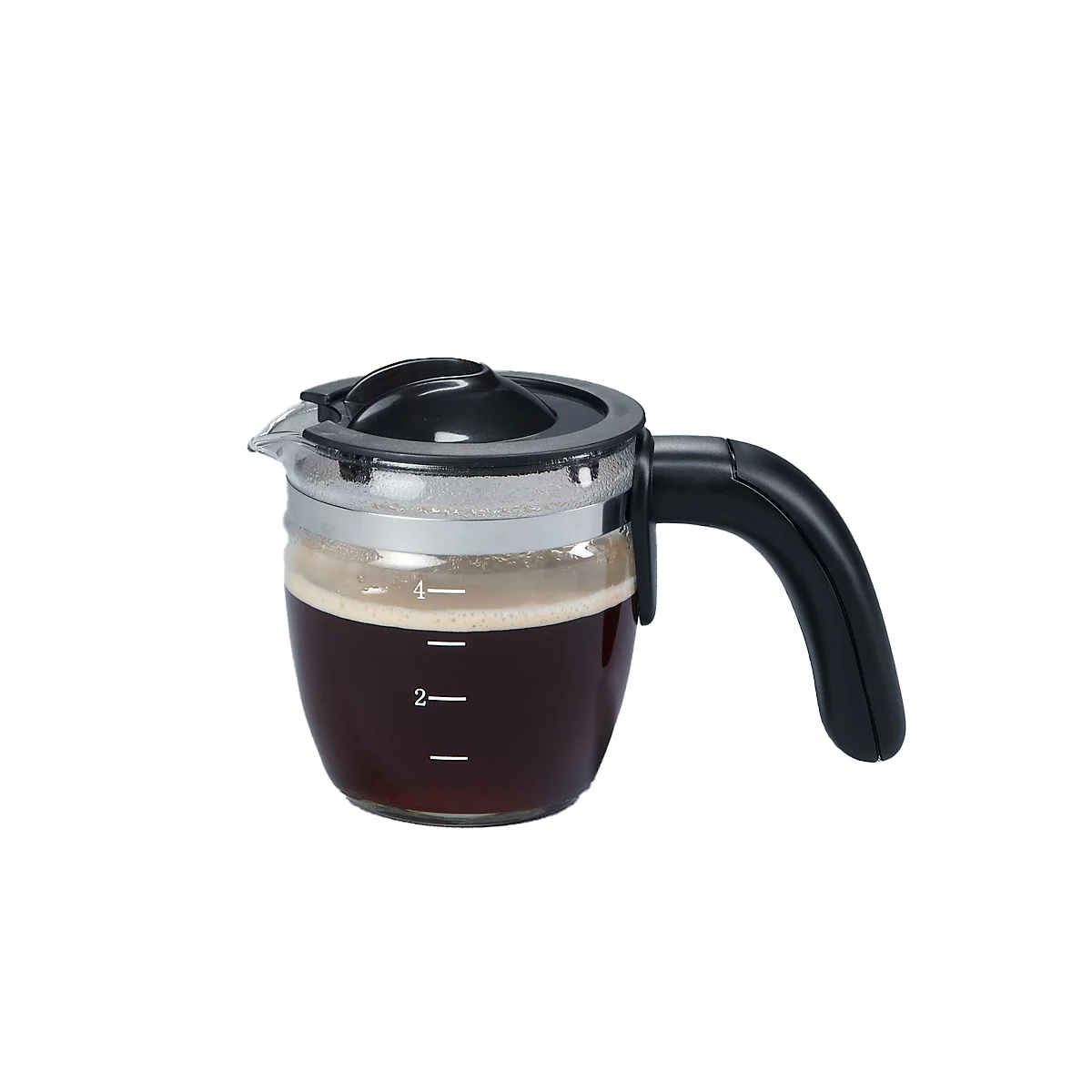 Koffiekan met koffie gevuld tot de 4-kopsmarkering. Zwarte handgreep en deksel. Schaal voor kopjes zichtbaar.