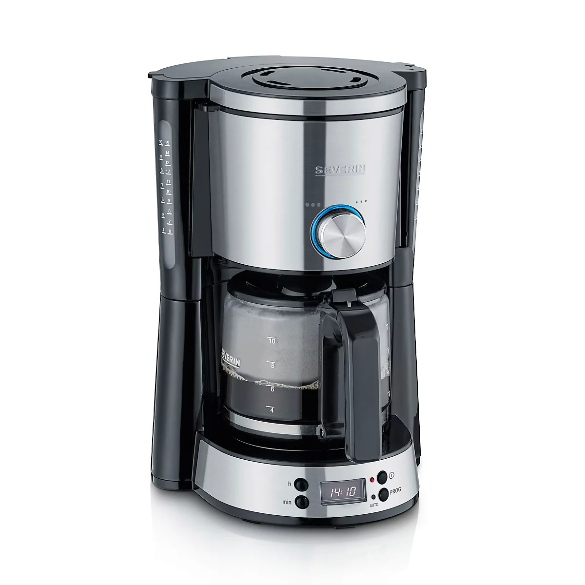 Kaffeemaschine aus Edelstahl und schwarzem Kunststoff, Kanne, Bedienelemente, digitale Anzeige.