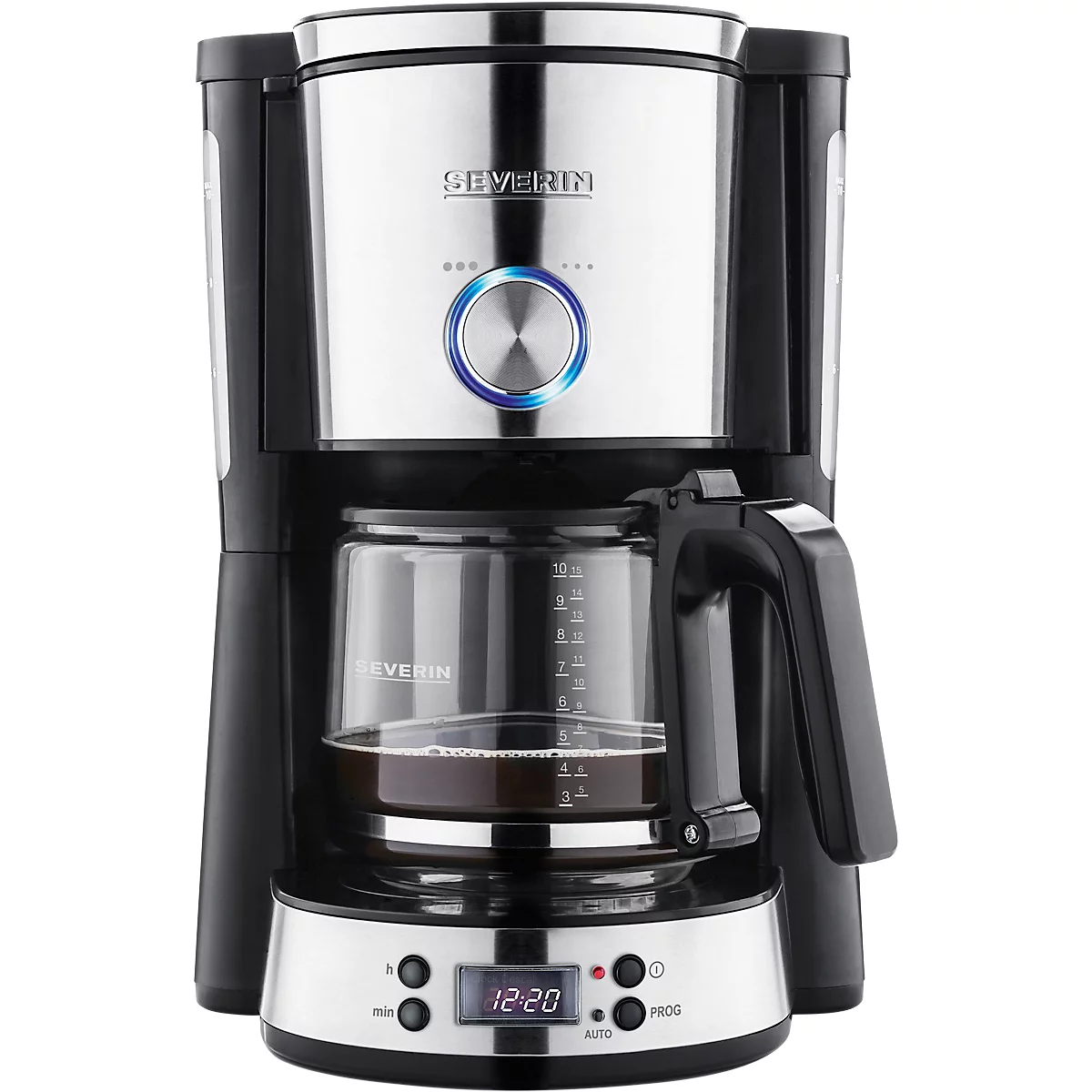 Kaffeemaschine von Severin, Edelstahl und Schwarz. Glaskanne mit Kaffee. Digitalanzeige: 12:20.