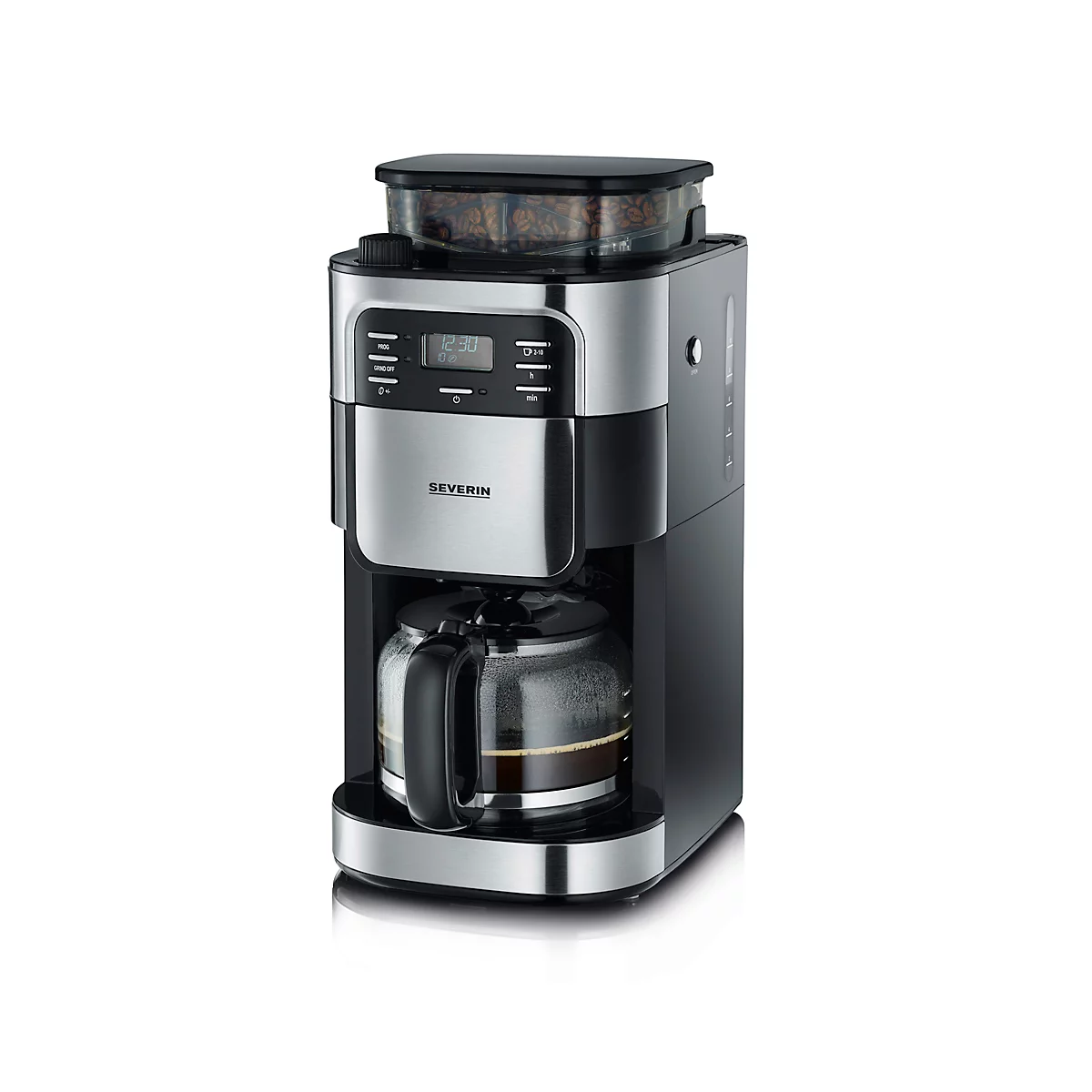 Kaffeemaschine mit Glaskanne, silbernen Akzenten und Bedienfeld.