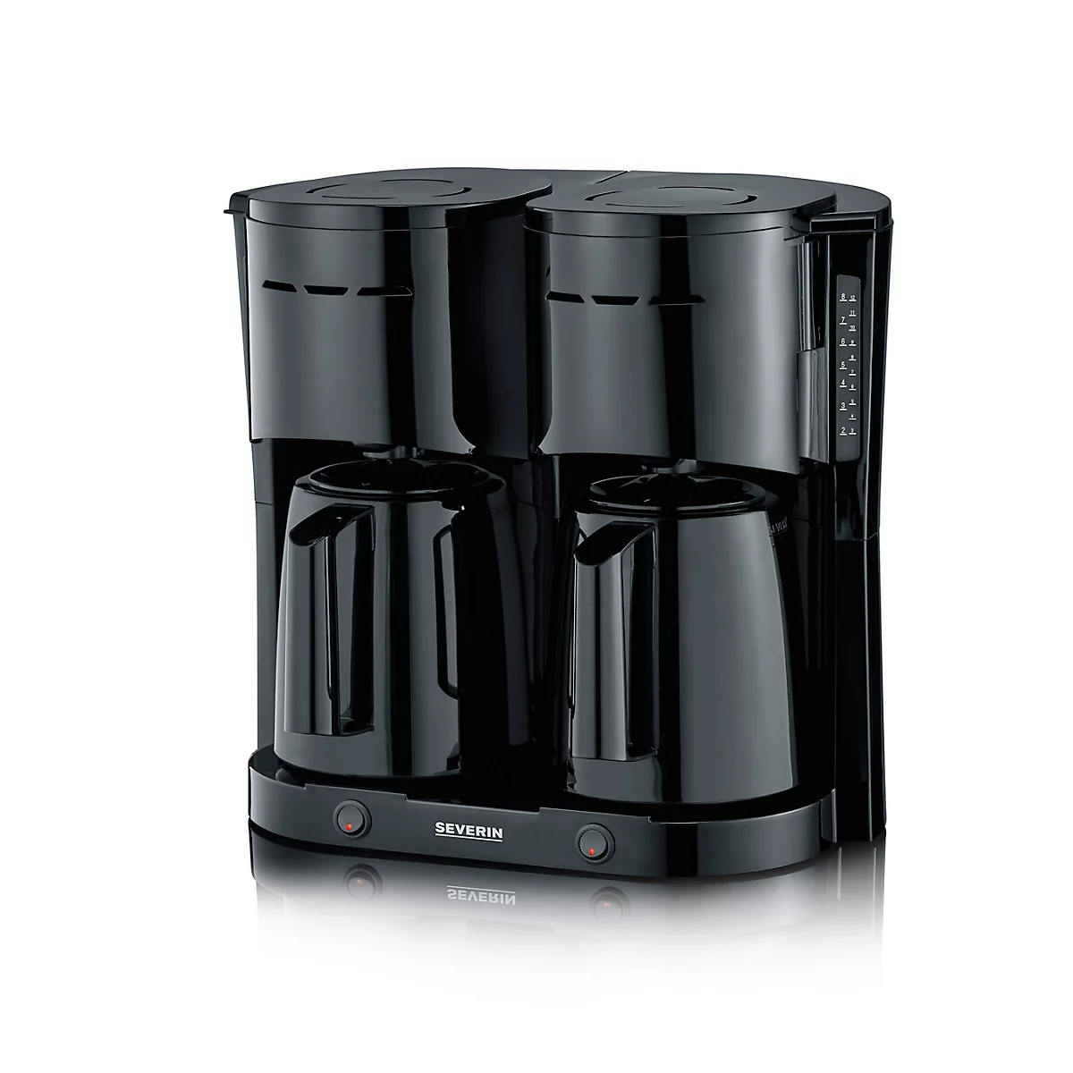 Doppel-Kaffeemaschine in Schwarz. Zwei Kannen und Bedienfeld. Marke SEVERIN.