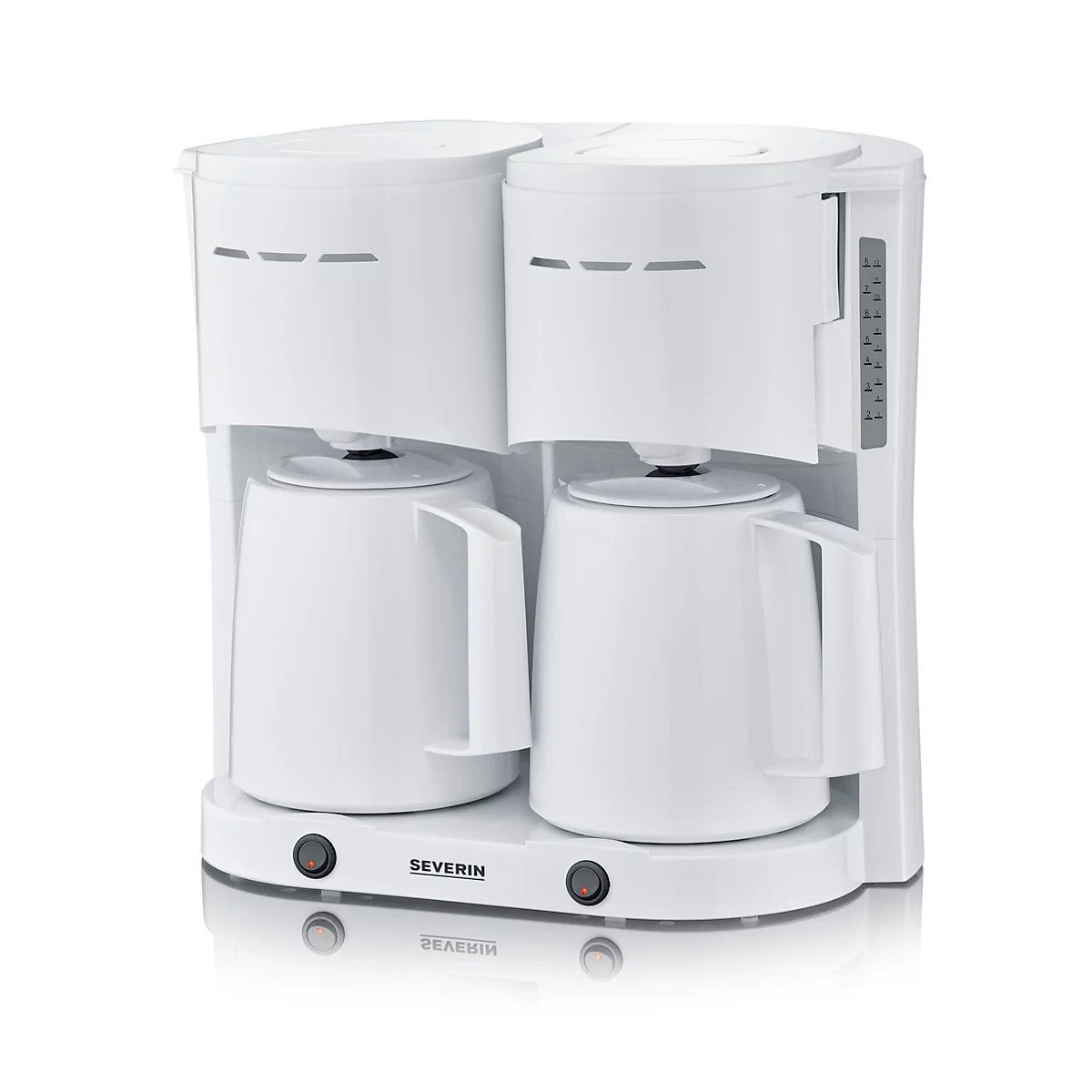 Weiße Kaffeemaschine mit zwei Kannen, Bedienelementen und Markenlogo.