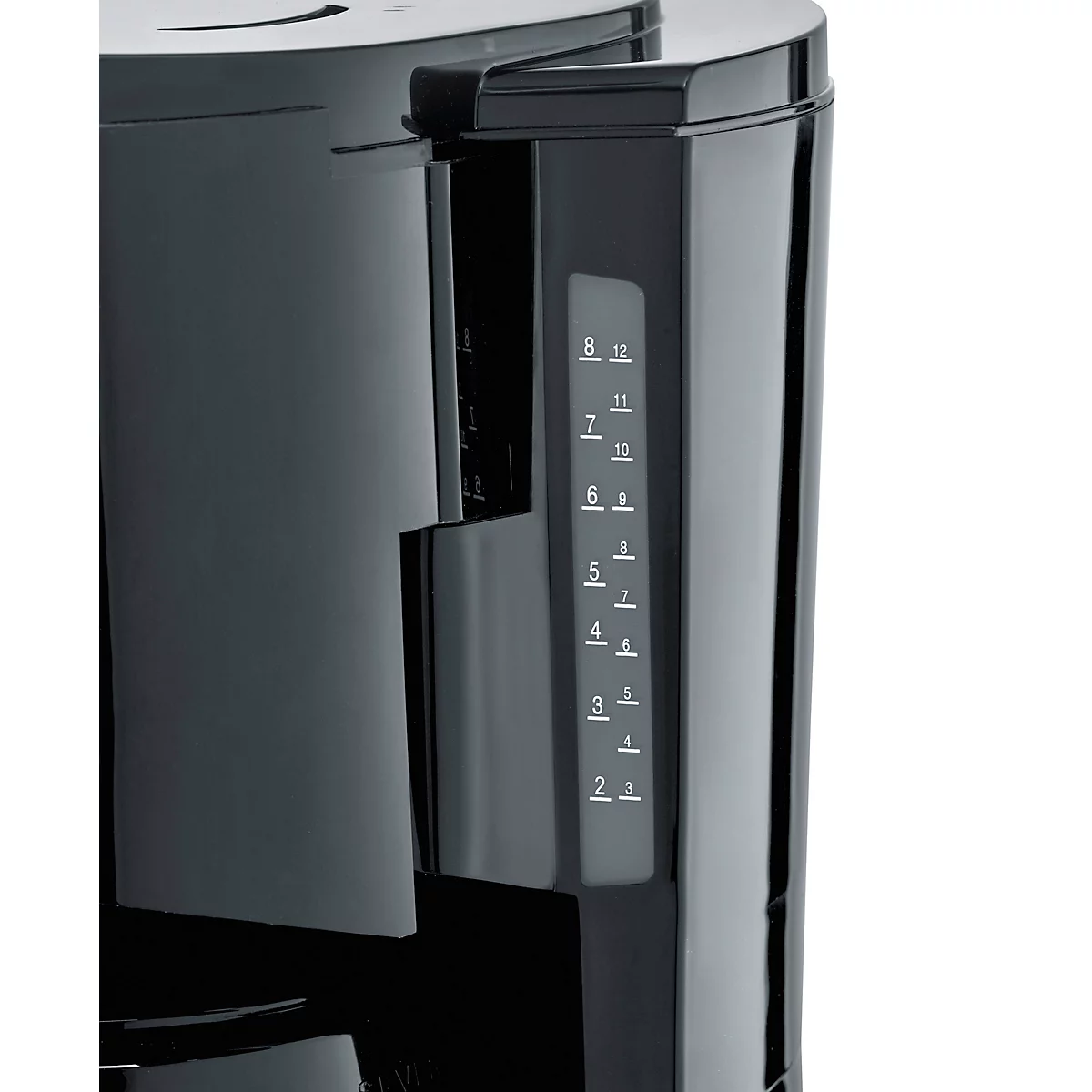 Ausschnitt einer schwarzen Kaffeemaschine. Auf der Seite ein Wassertank mit Füllstandsanzeige.