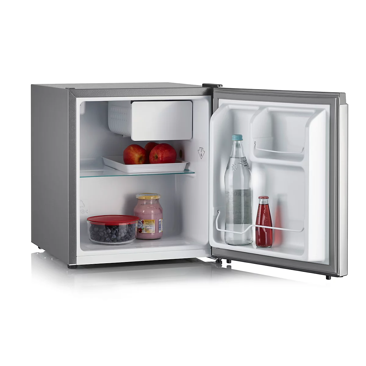 Kleine, grijze koelkast, het "SEVERIN" logo is bovenaan zichtbaar.