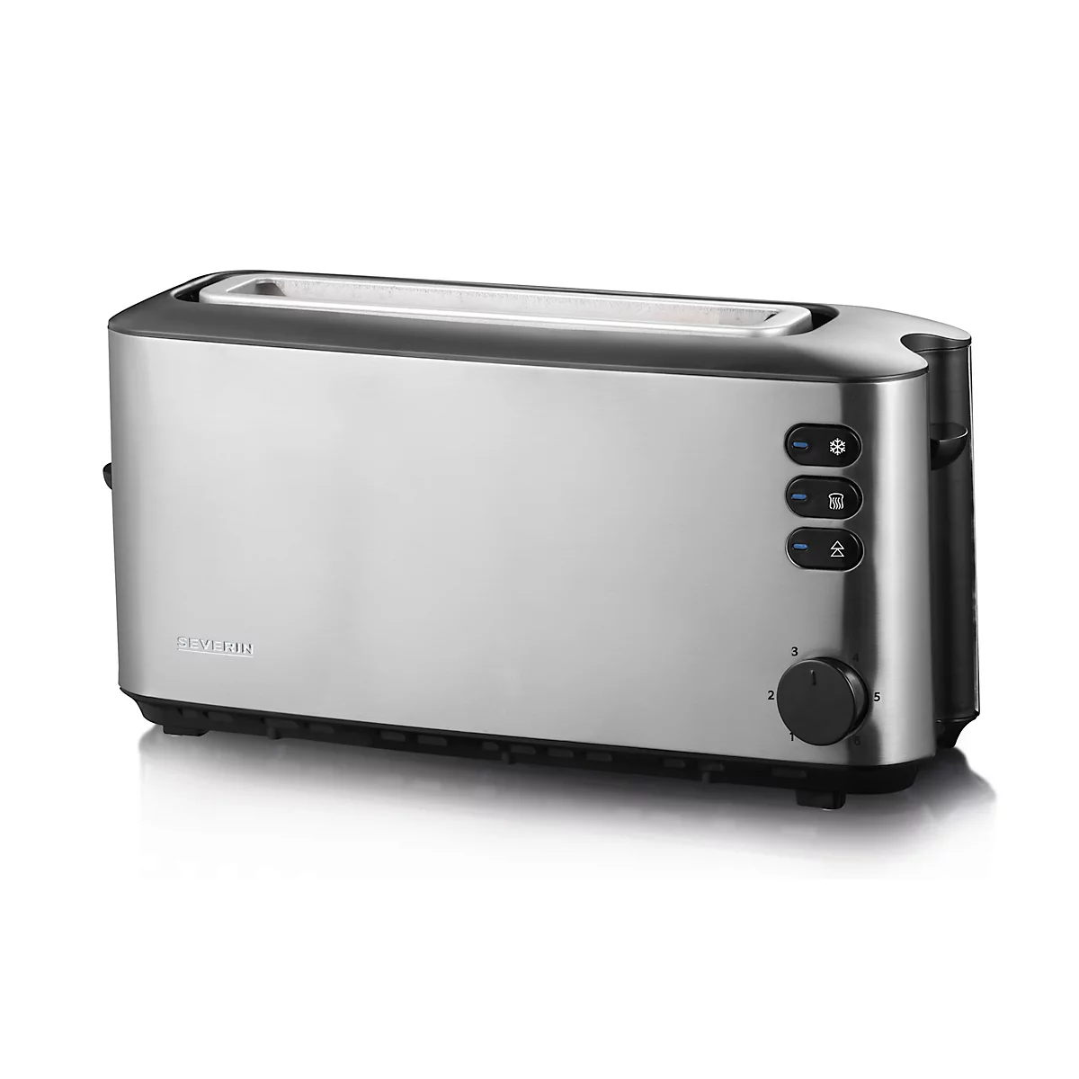 Metall Toaster auf weissem Hintergrund. Bedienknöpfe und Schlitze sind sichtbar.
