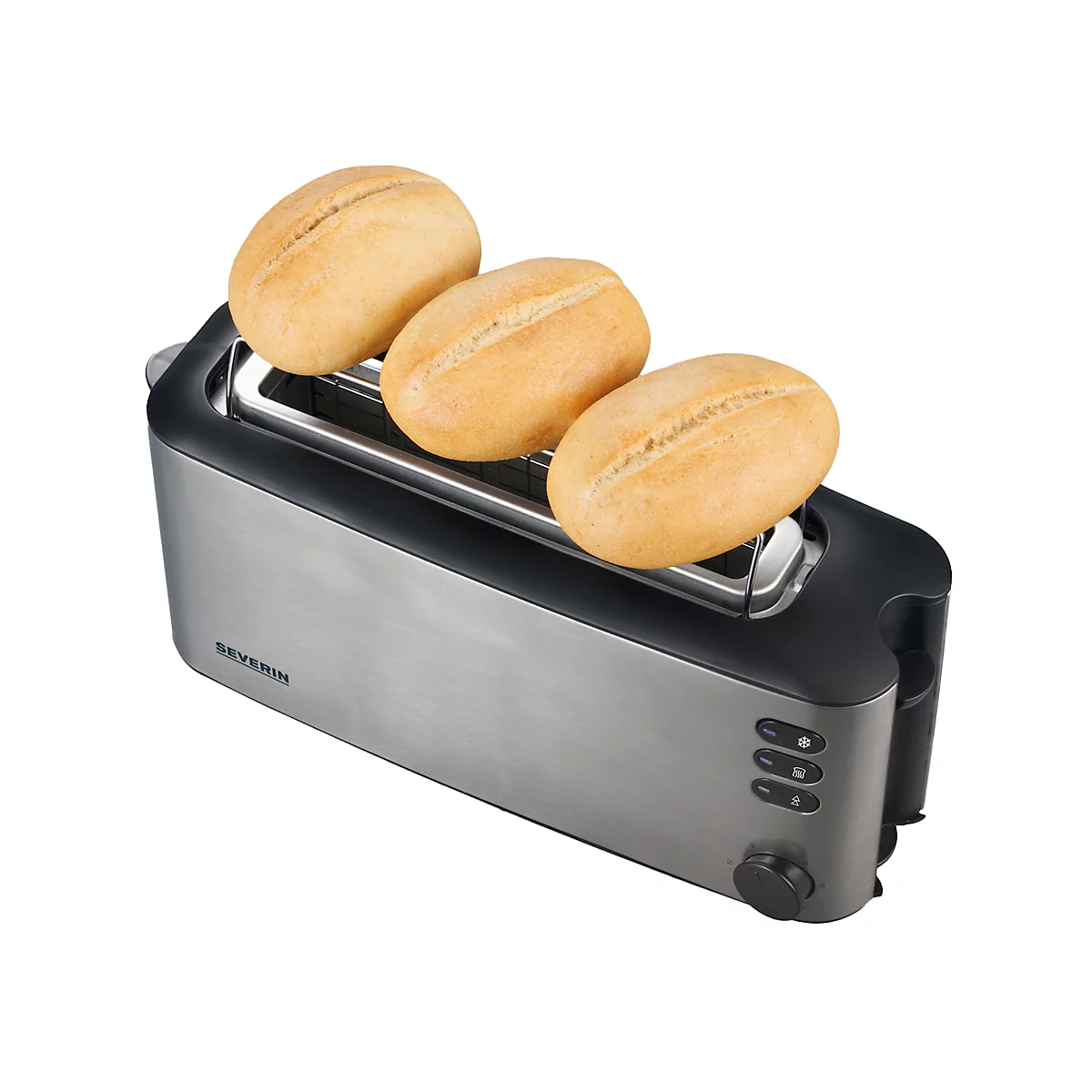 Toaster mit drei Brötchen auf dem Rost. Silbernes Gehäuse mit schwarzem Akzent.