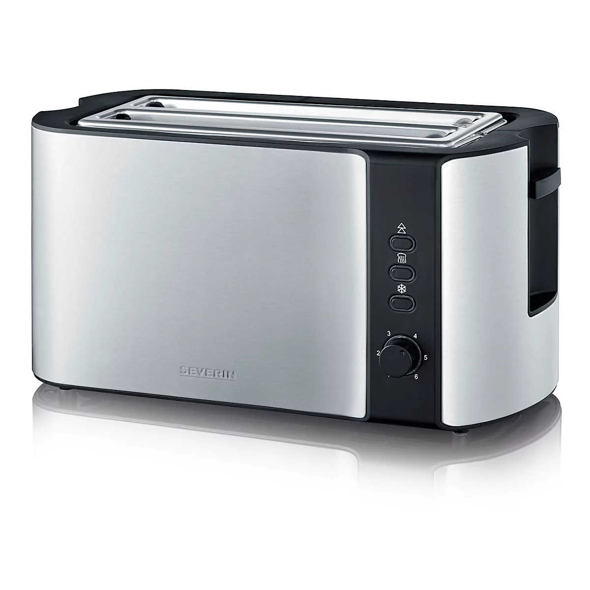 Silberfarbener Toaster mit schwarzen Bedienelementen. Das Gerät hat zwei Schlitze und einen Drehregler.