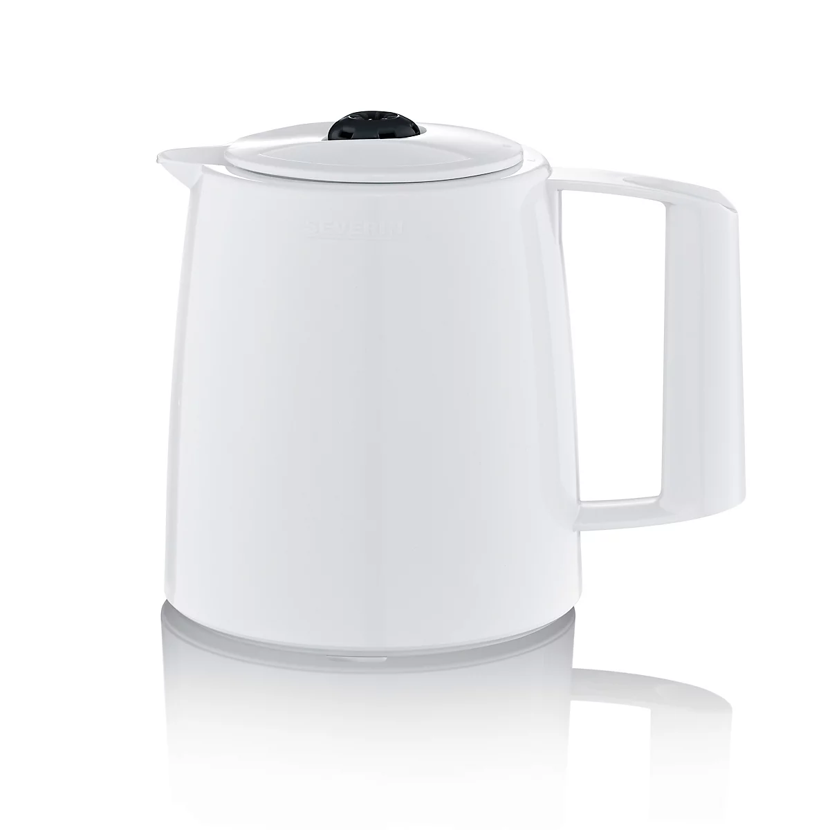 Bouilloire blanche avec anse et couvercle sur fond blanc.