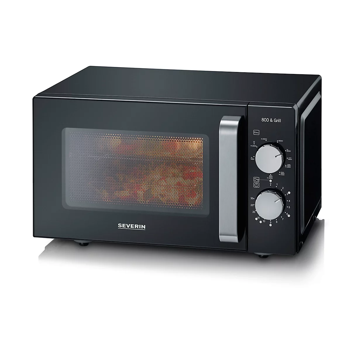 Zwarte magnetron met bedrukt logo. Apparaat met bedieningsknoppen en zilveren handgreep.