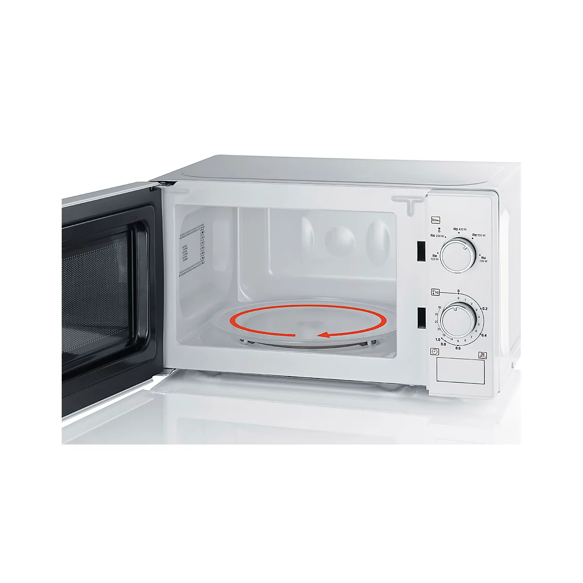Un four à micro-ondes blanc avec la porte ouverte, montrant l'intérieur avec plateau tournant et panneau de commande.