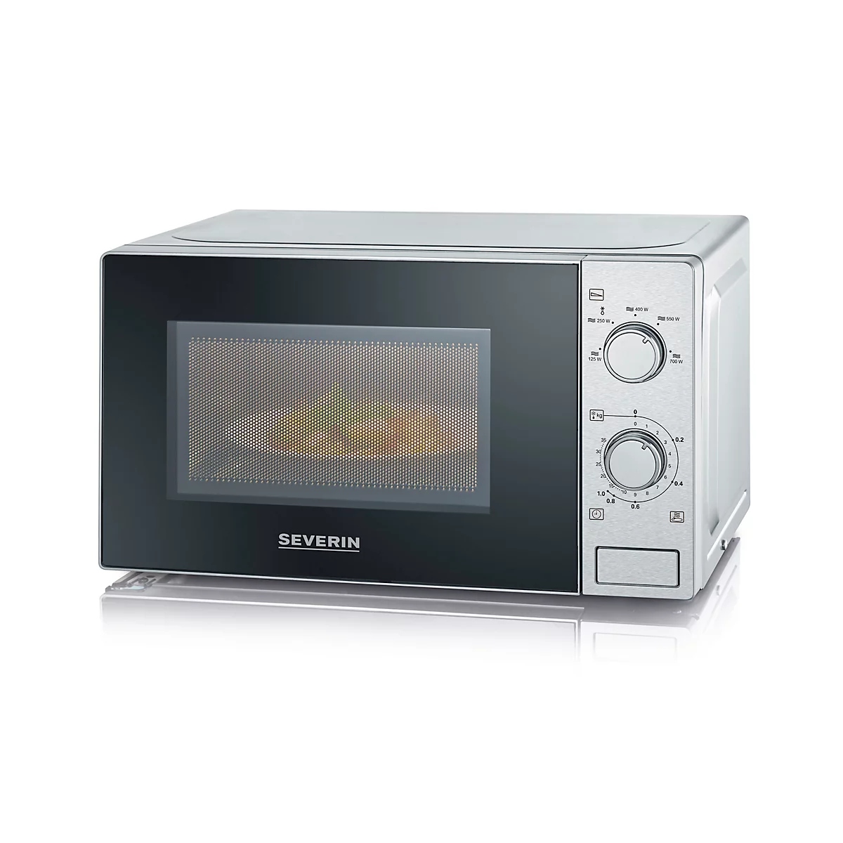 Micro-ondes avec de la nourriture à l'intérieur. Porte noire avec fenêtre de visualisation à gauche, commandes et logo Severin à droite.