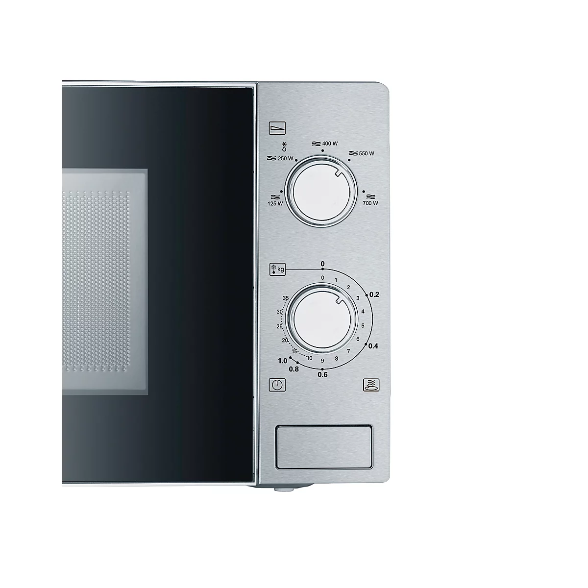 Gros plan sur un micro-ondes avec des boutons. Inscription: 400W, 100W, 750W, 125W, 250W. Minuterie de 0 à 30 minutes. En dessous des boutons se trouve un petit panneau de commande.