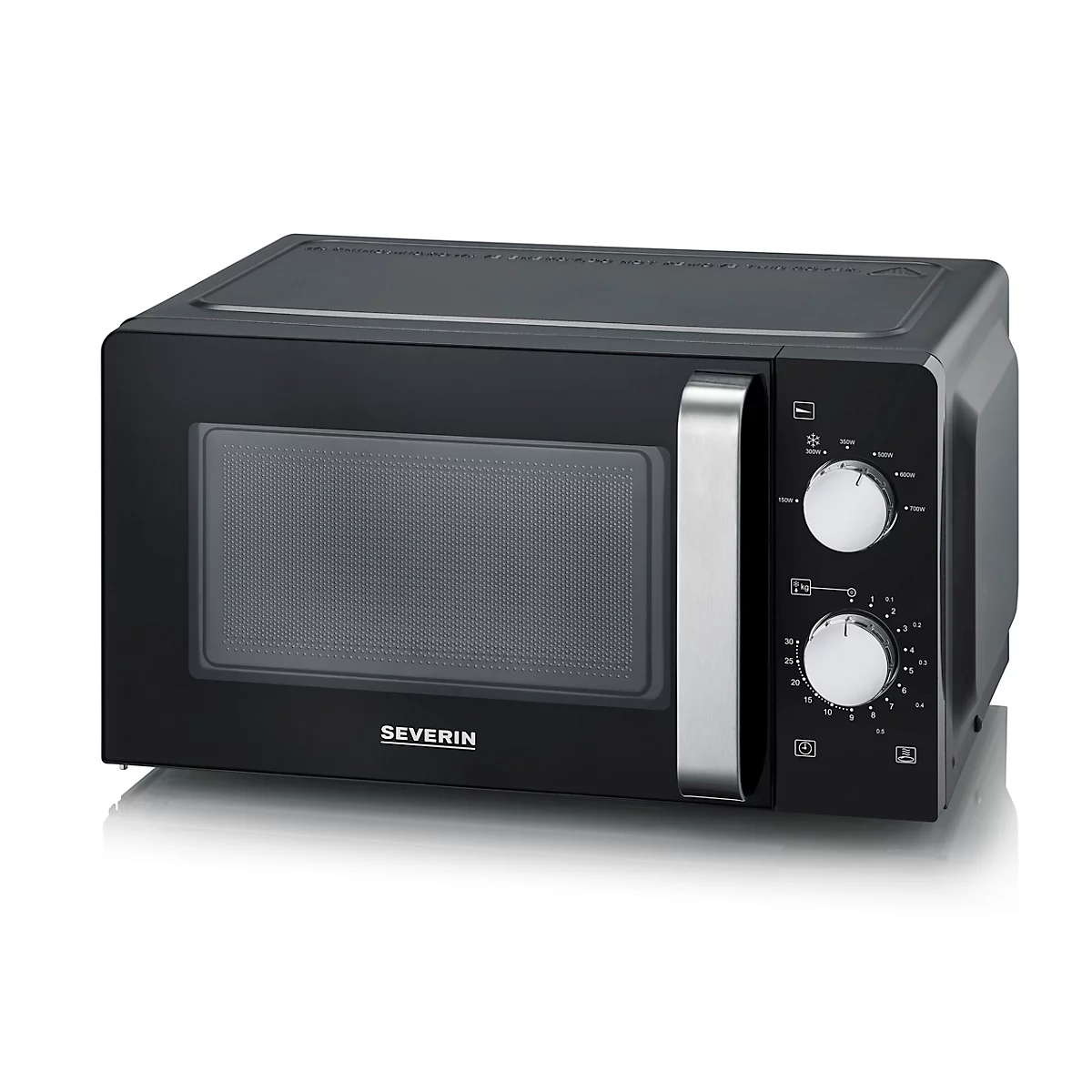 Black microwave with silver handle and dials. The door reads 'SEVERIN'.