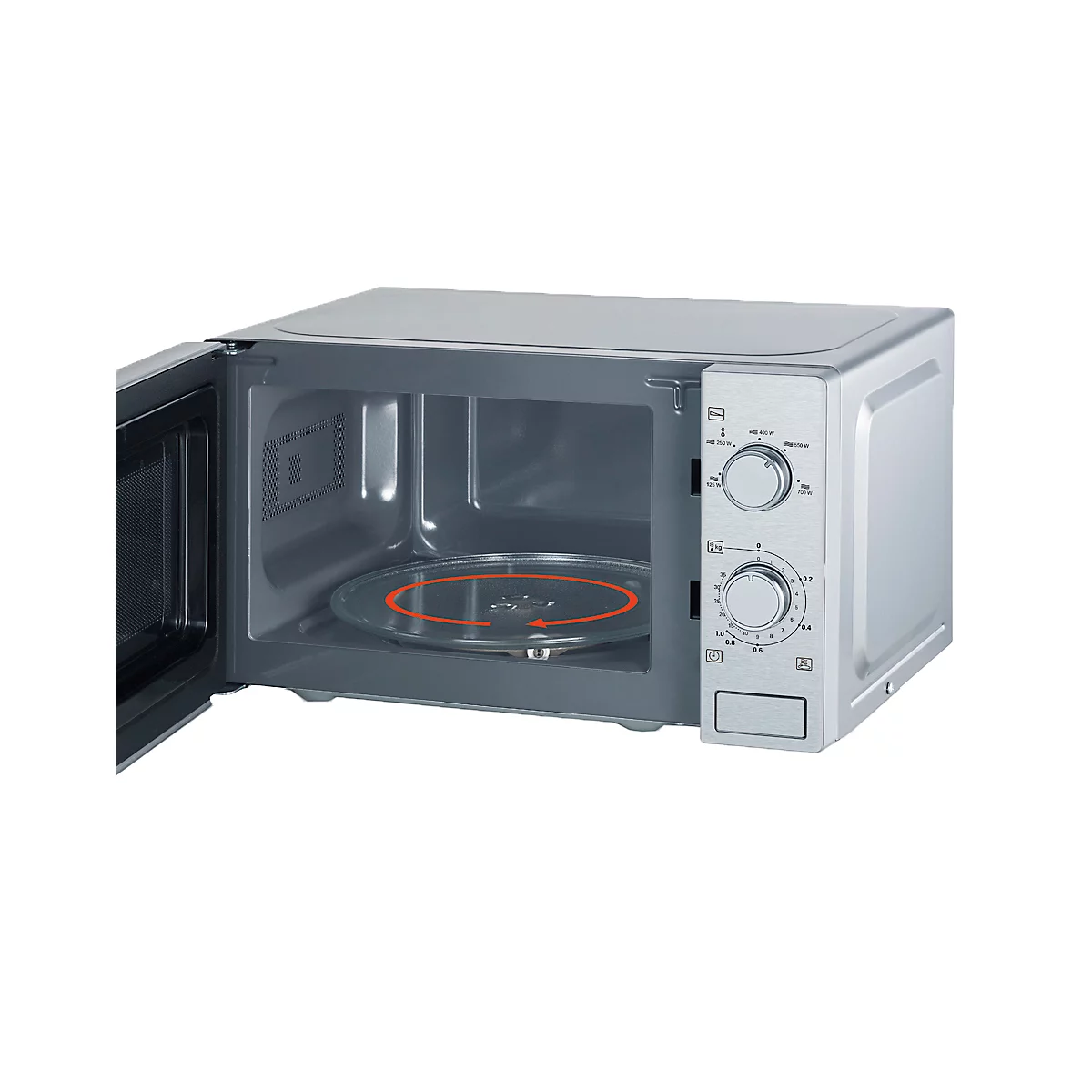 Silberne Mikrowelle mit offener Tür. Innen dreht sich ein Glas-Drehteller, darüber ein roter Pfeil.