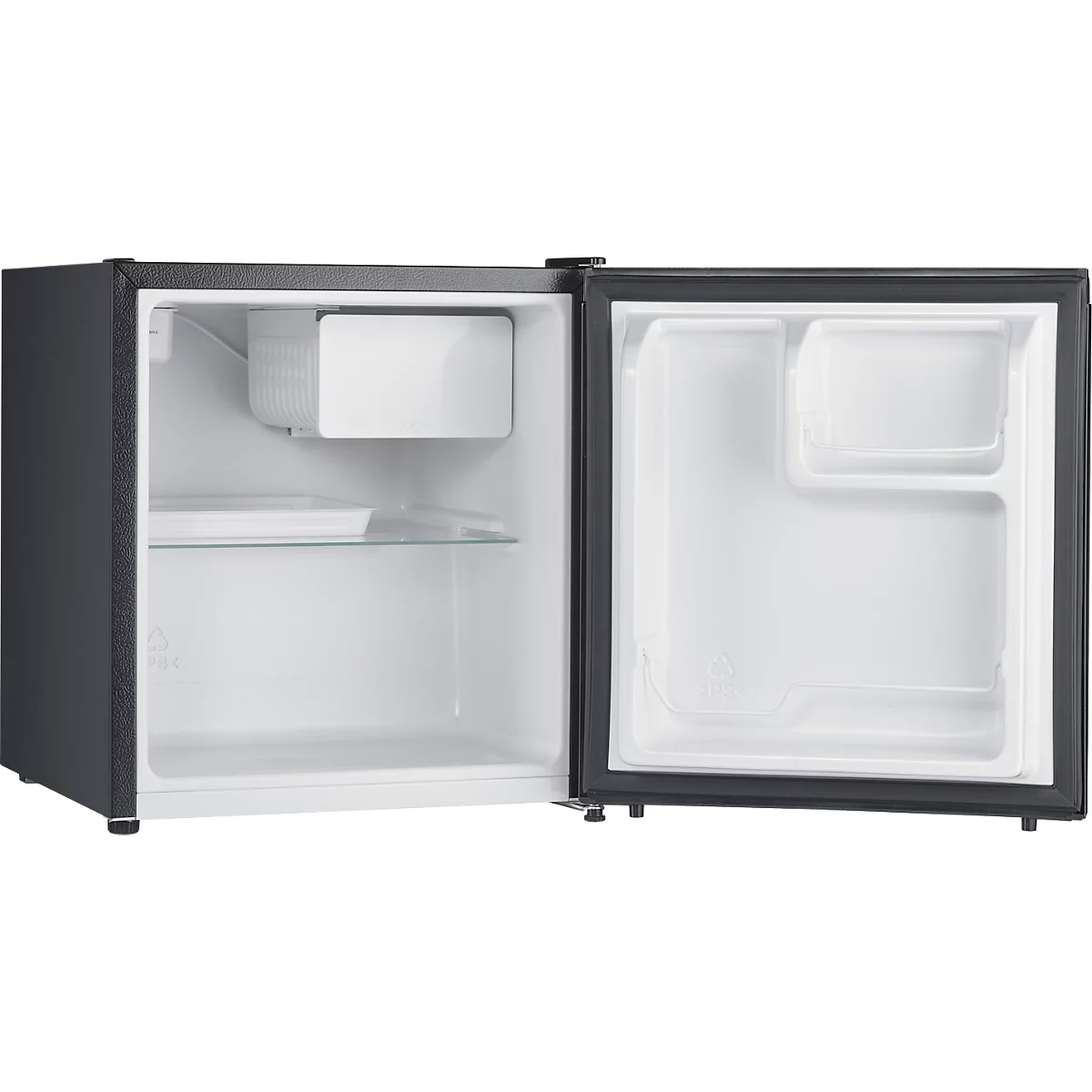 Ein kleiner, offener Kühlschrank mit Eisfach und Regalen. Die Innenseiten sind weiß, die Außenseiten schwarz.