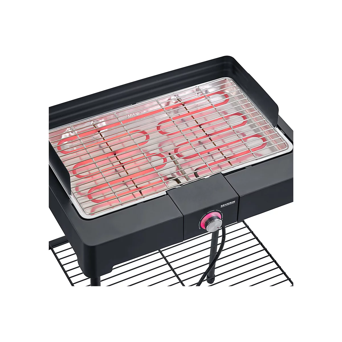 Elektrischer Standgrill von Severin mit glühenden Heizstäben und Drehregler.