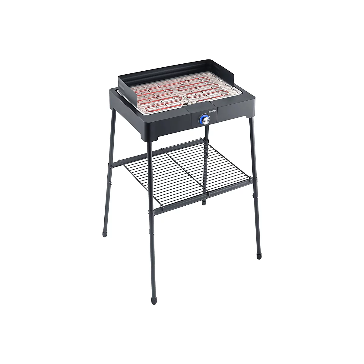 Schwarzer Elektro-Standgrill mit leuchtenden Heizelementen und Ablagegitter vor weißem Hintergrund.