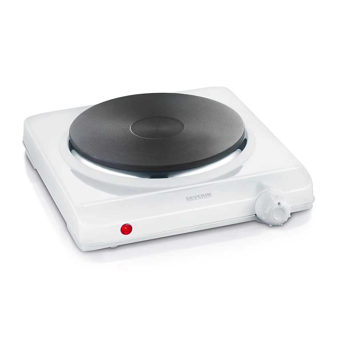 White hot plate with black hob. Rotary knob and red indicator light on the side.
