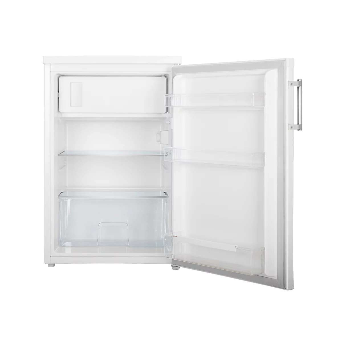 Offener weisser Kühlschrank mit Innenraum. Das Gefrierfach ist oben, darunter Regale und eine transparente Gemüseschublade.