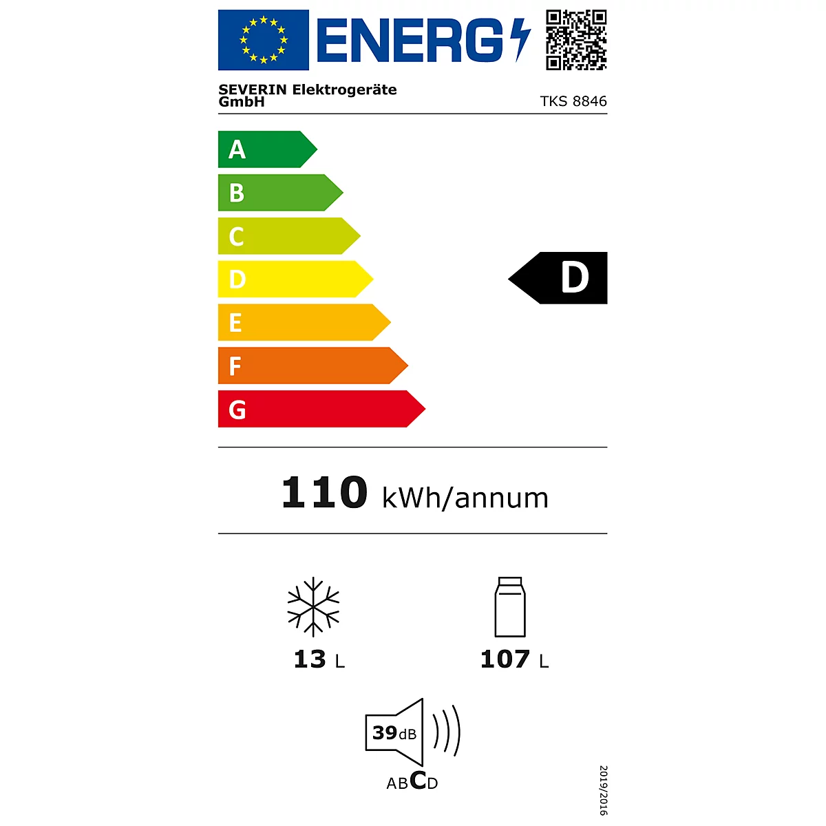 Energieeffizienzlabel eines Kühlschranks. Energieeffizienzklasse D, 110 kWh/annum. Angaben zu Gefrier- und Kühlvolumen, sowie Geräuschemission.