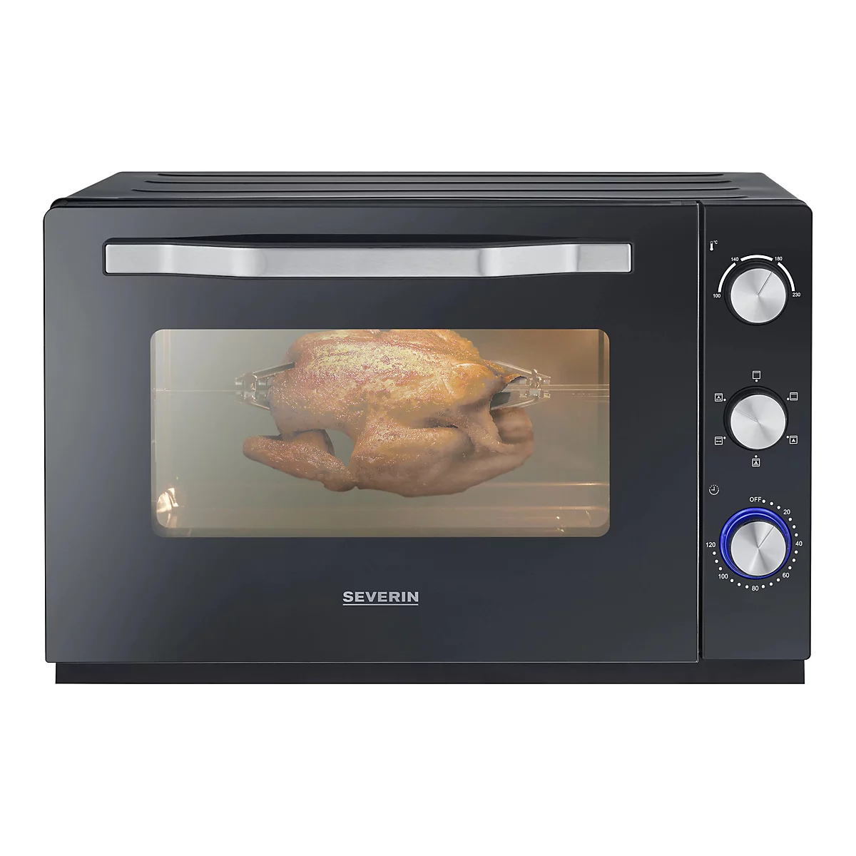 Schwarzer Severin Mini-Backofen mit Glastür, darin ein goldbraun gegrilltes Hähnchen am Drehspieß.
