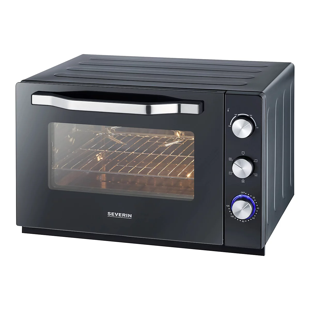 Schwarzer Severin Mini-Backofen mit silbernem Griff, Sichtfenster und drei Drehreglern auf weißem Hintergrund.