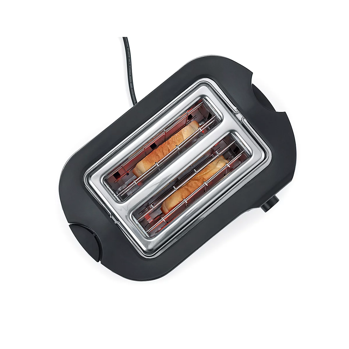 A top view of a black toaster with two slices of toasted bread.