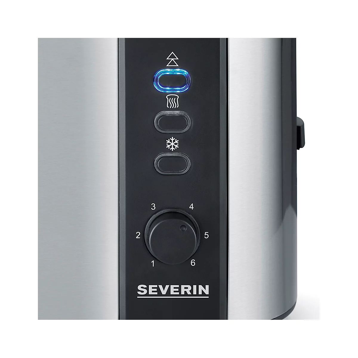 Detail of a toaster control panel with knob. The blue light is on.