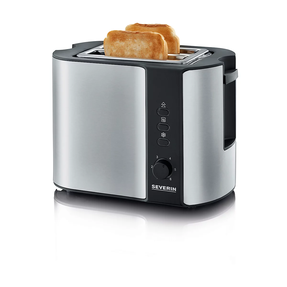 Silberner Toaster mit zwei goldbraunen Brotscheiben. Bedienteil mit Drehregler und Tasten, Marke Severin.