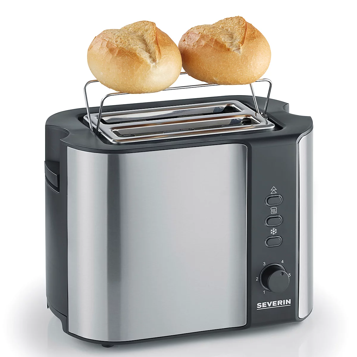 Toaster mit zwei Brötchen. Silberfarbenes Gehäuse, Bedienelemente an der Seite, Brötchenaufsatz.