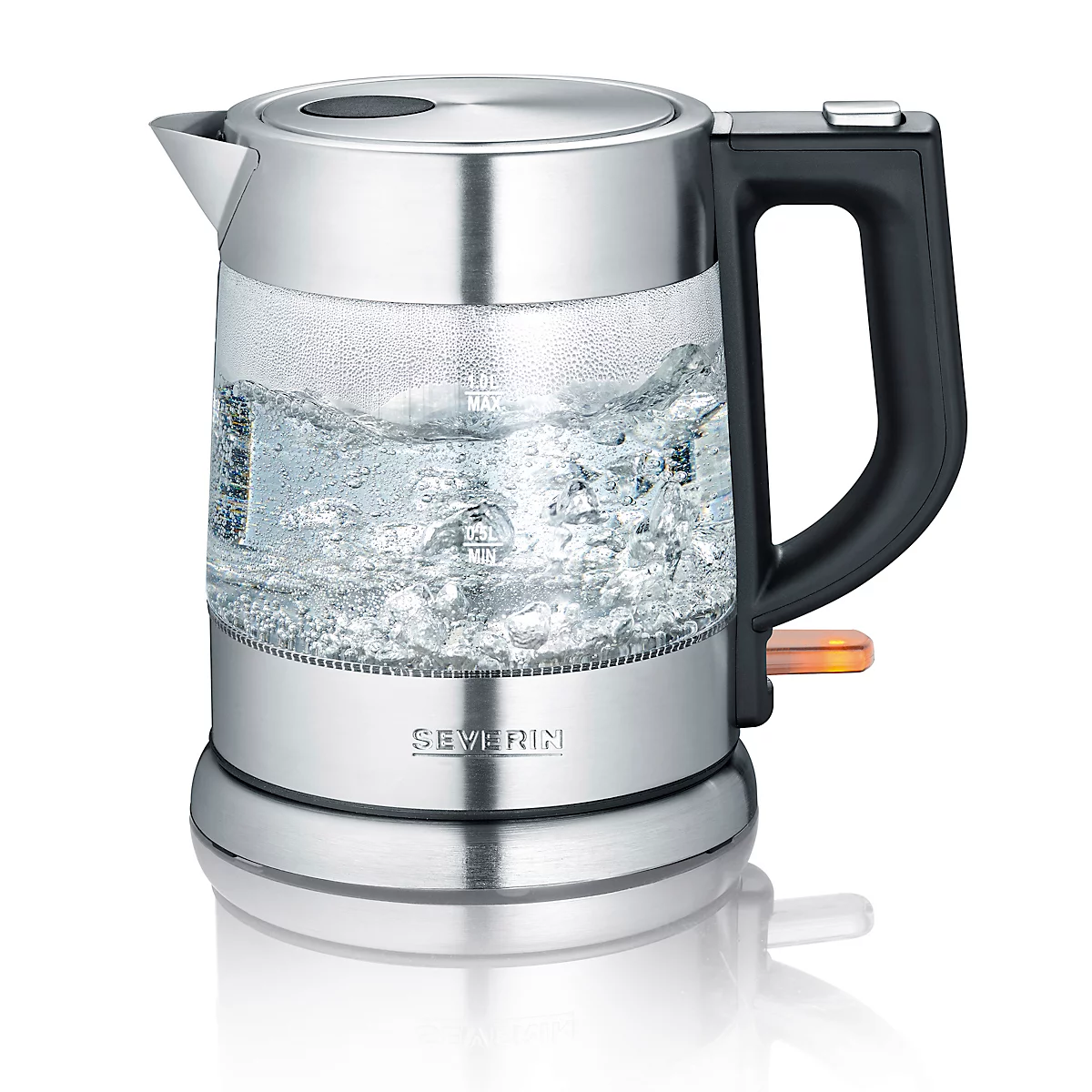 Glaswasserkocher mit kochendem Wasser; Metall, Kunststoff, und Glas. Marke 'SEVERIN'.