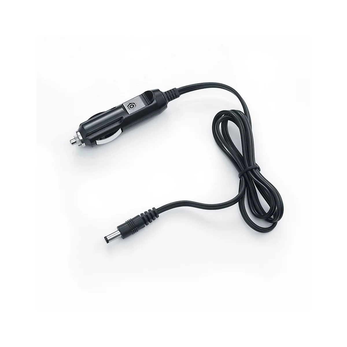 Black car charger with round connector on white background.