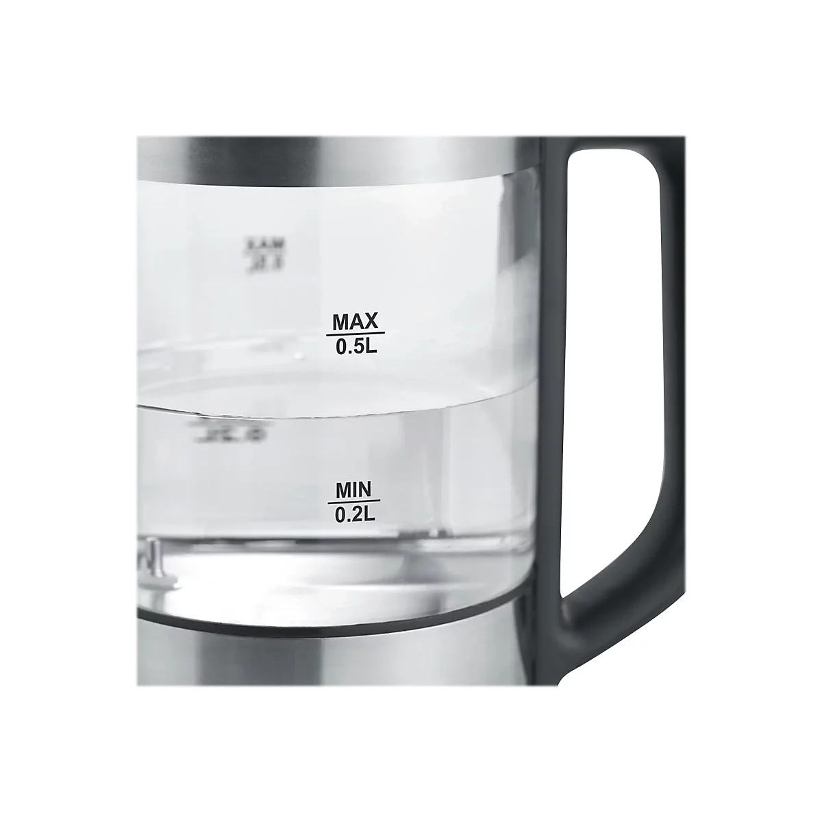 Nahaufnahme eines Wasserkochers mit Füllstandsanzeige, die MAX 0.5L und MIN 0.2L anzeigt.