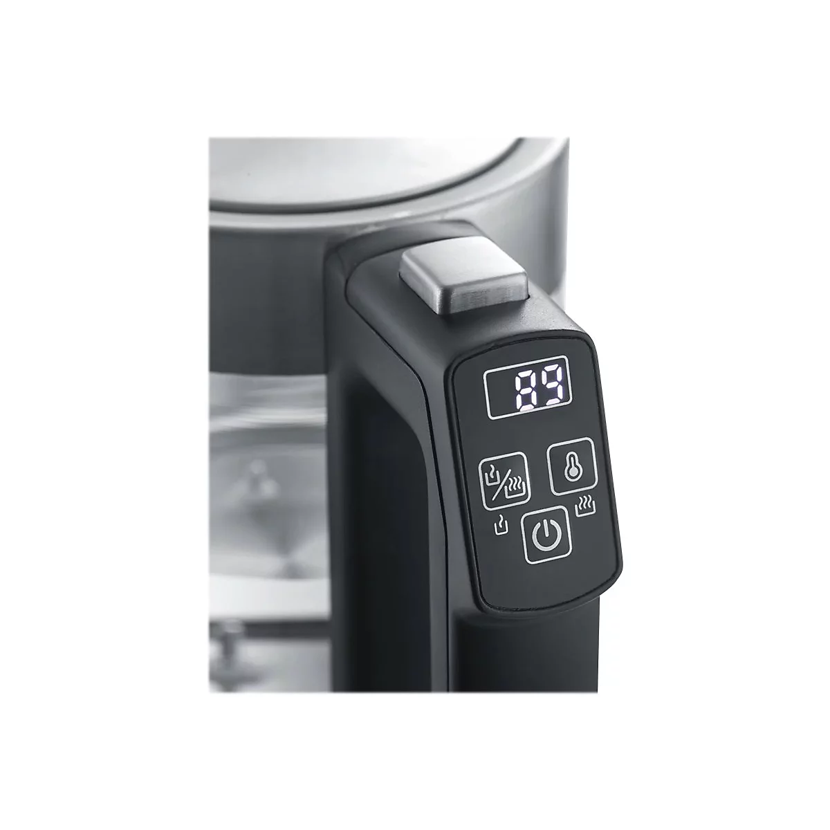 Nahaufnahme des schwarzen Griffs eines Wasserkochers mit digitalem Display, Temperaturanzeige und Touch-Bedienfeld.