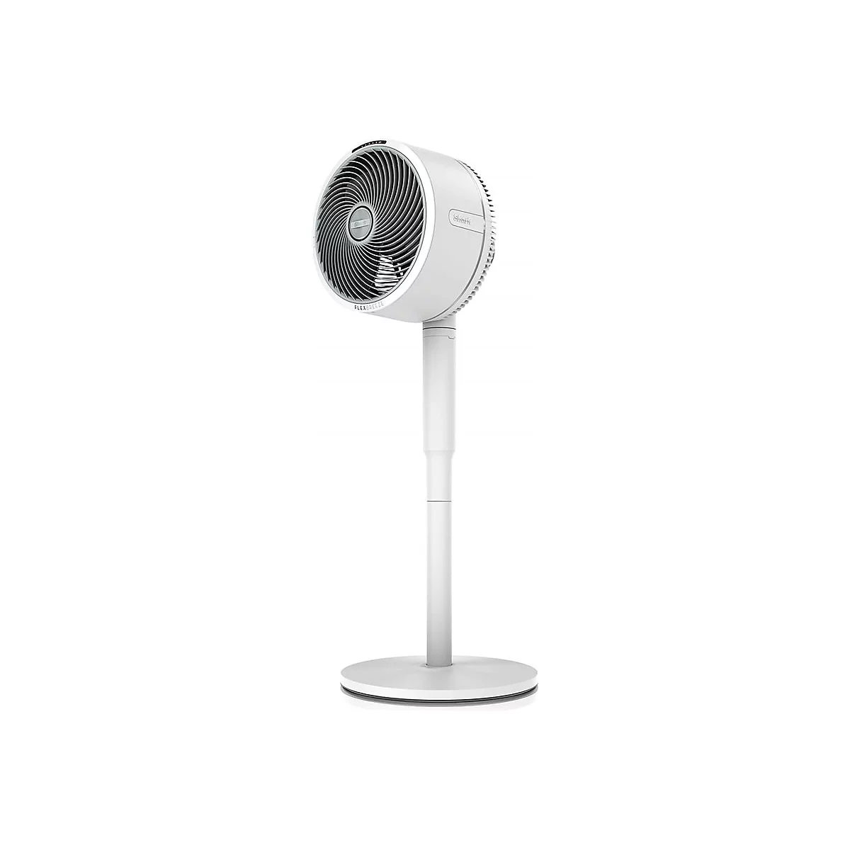 Weißer Standventilator mit runden Kopf, grauem Schutzgitter und Standfuß. Auf dem Kopf steht "FlexBreeze".