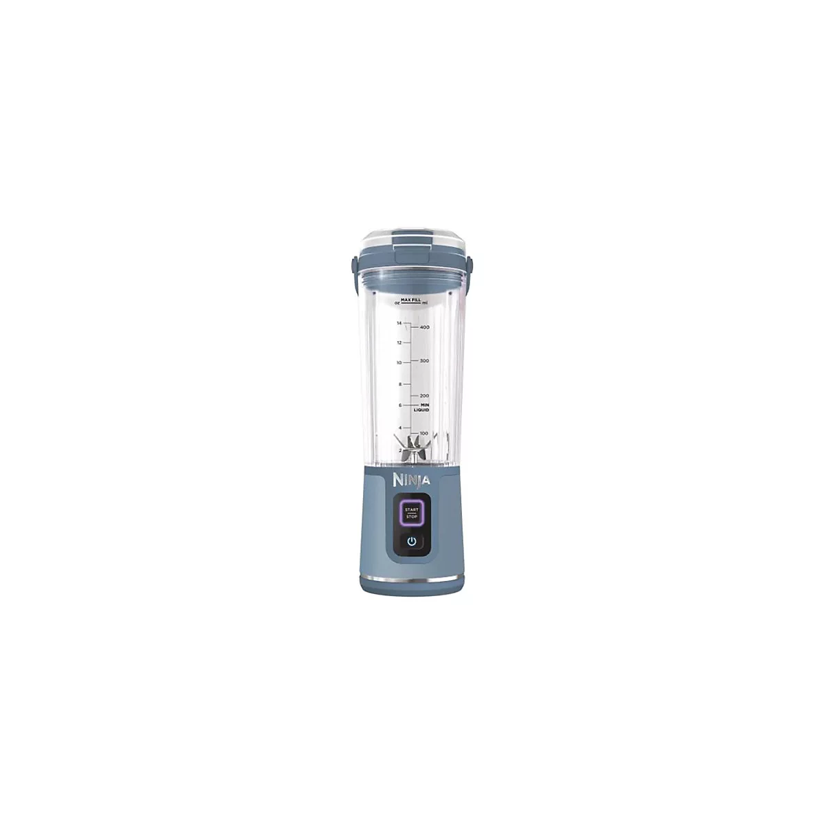 Blauer Ninja Standmixer mit transparentem Becher, Messskala und Start-Stopp-Taste vor weißem Hintergrund.