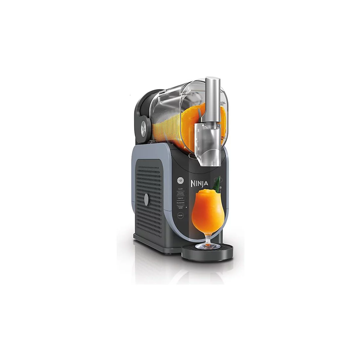 Ninja Slushie Maschine, grau und schwarz, füllt ein Glas mit einem orangefarbenen Slush-Getränk.