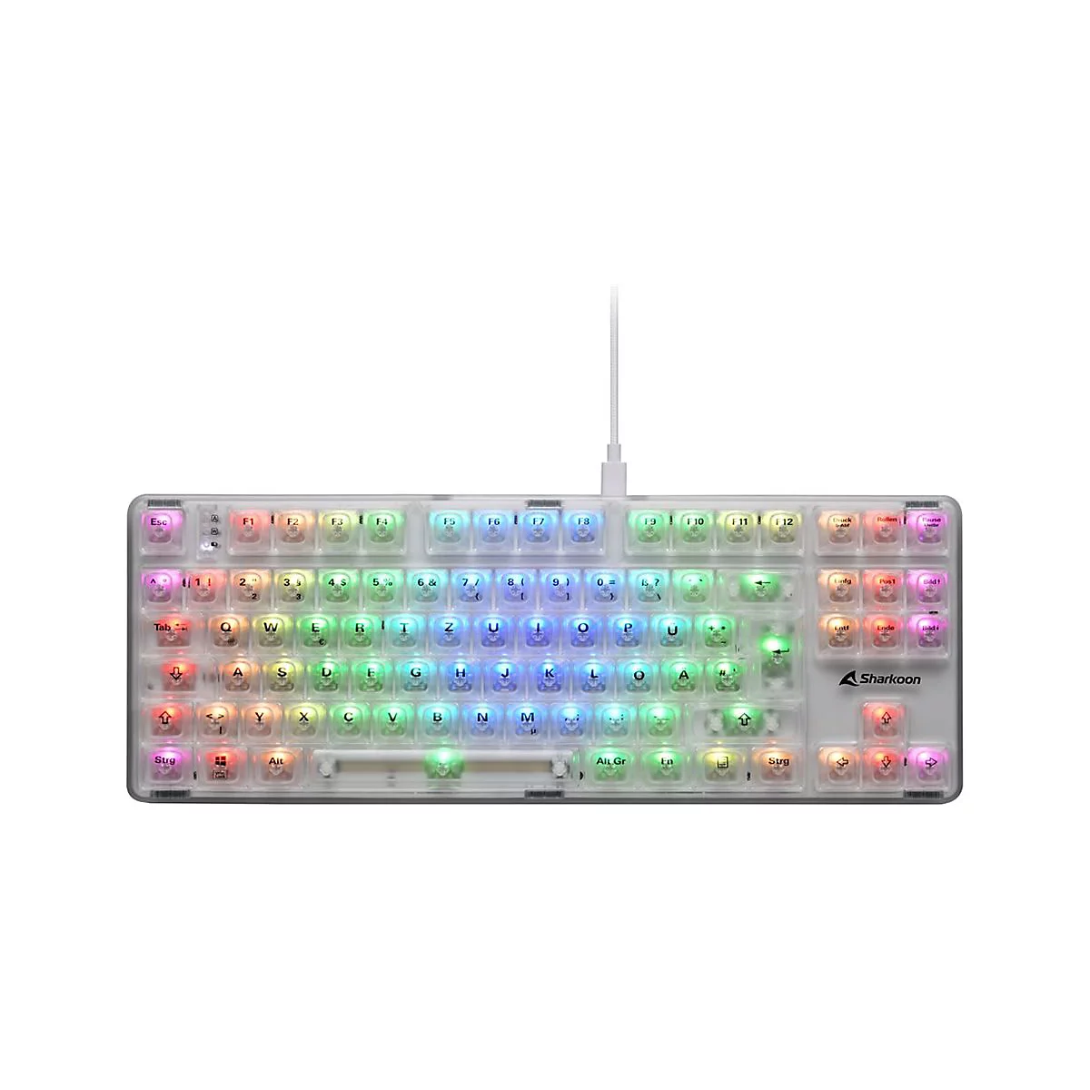 Weiße, transparente Sharkoon Gaming-Tastatur mit bunter RGB-Beleuchtung auf weißem Hintergrund.