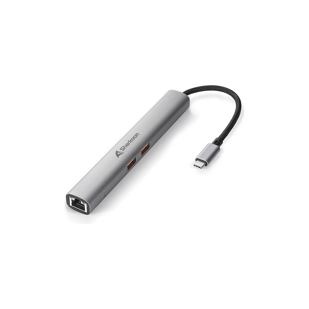 Grauer Sharkoon USB-C Hub mit Anschlüssen und Kabel, auf weißem Hintergrund.