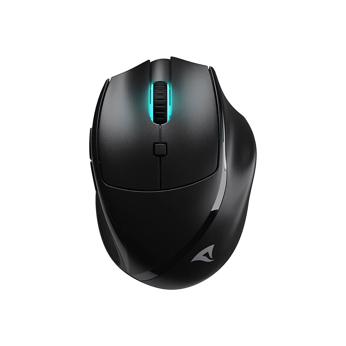 Schwarze kabellose Gaming-Maus mit leuchtendem blauem Scrollrad auf weißem Hintergrund.