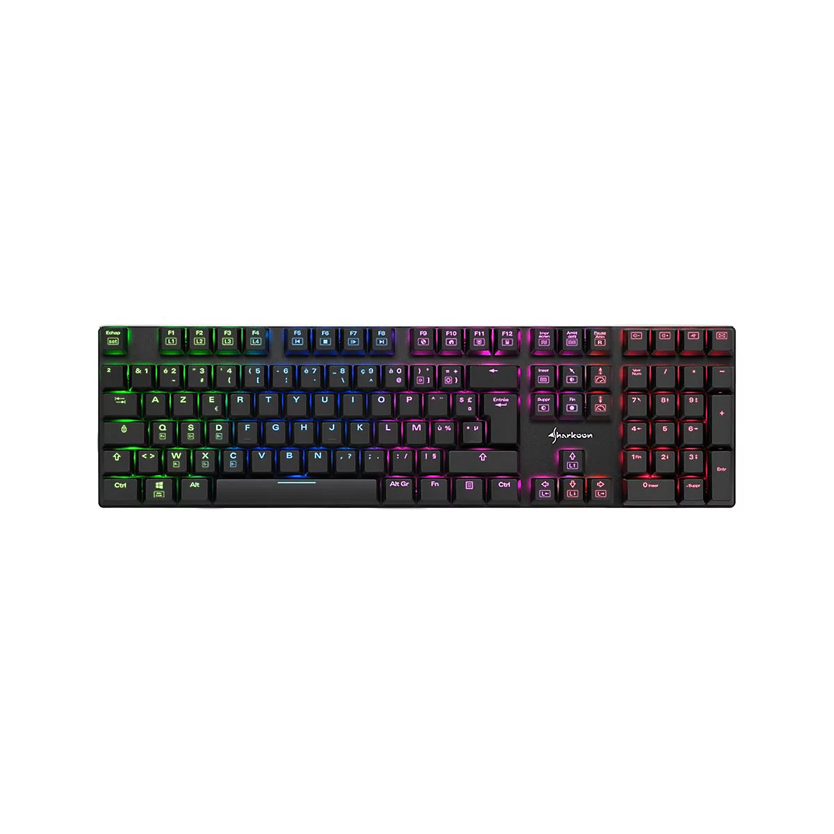 Schwarze Gaming-Tastatur mit AZERTY-Layout und bunter RGB-Beleuchtung vor weißem Hintergrund.